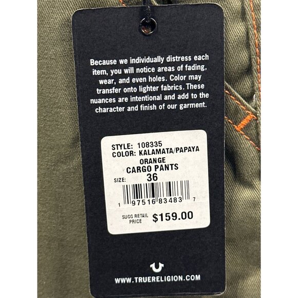 True Religion Mens Cargo Pants Kalamata/Papaya Orange Size 36 65% Polyester & 35 - Picture 2 of 7